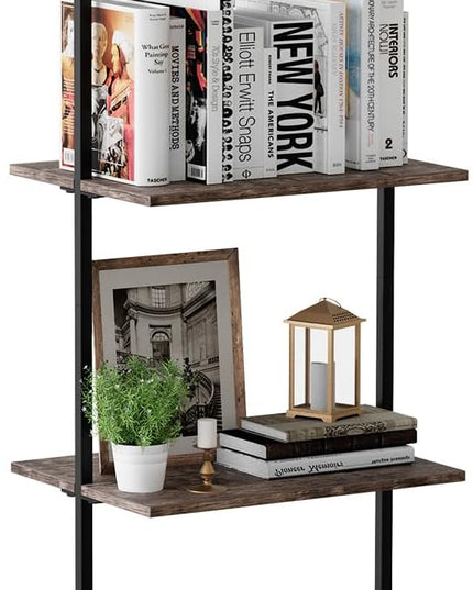 Ladder Shelf 4 Tiers Metal Industrial Bookshelf,Brown Wood Tall Open Storage Rack and Display Shelves,Wall Mount Wide Book Case for Home Office Bedroom,Small - LeafyLoom