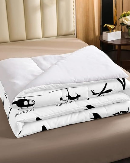 Erosebridal Airplane Comforter Set Full,Black White Airplanes Bedding Set Space Rocket Aircraft Down Comforter for Boys Kids Teens Room Decor,Helicopter Biplane Quilt Duvet Sets with 2 Pillow Cases - LeafyLoom