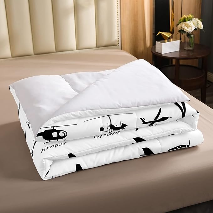 Erosebridal Airplane Comforter Set Full,Black White Airplanes Bedding Set Space Rocket Aircraft Down Comforter for Boys Kids Teens Room Decor,Helicopter Biplane Quilt Duvet Sets with 2 Pillow Cases - LeafyLoom
