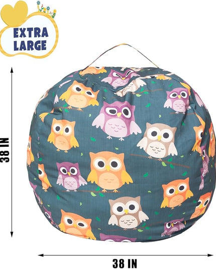 Stuffed Animal Storage Bean Bag Chair Cover, Hold Kids Plush Toys Blankets Towels Beanbag (Cover Only), Canvas Floor Circle Stuff Sit Seat Sofa with YKK Zipper, Extra Large 38", Owl - LeafyLoom