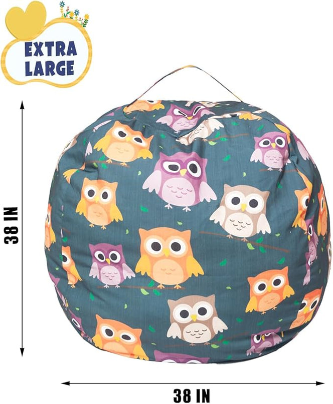 Stuffed Animal Storage Bean Bag Chair Cover, Hold Kids Plush Toys Blankets Towels Beanbag (Cover Only), Canvas Floor Circle Stuff Sit Seat Sofa with YKK Zipper, Extra Large 38", Owl - LeafyLoom