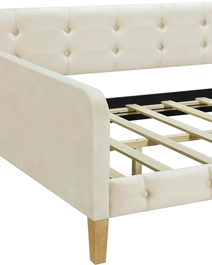 Twin Size Velvet Upholstered Dayed with 4 Support Legs,Multifunction Solid Wood Bed Frame,W/Backrest and Armrests,No Box Spring Needed,for Living Room Dormitory Apartment,White - LeafyLoom