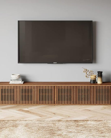 POVISON Mid Century Modern TV Stand, Solid Wood Media Console for 75+ inch TV, Full Assembled Farmhouse Entertainment Center with Storage for Living Room, Low Cabinet with Removable Shelves - LeafyLoom