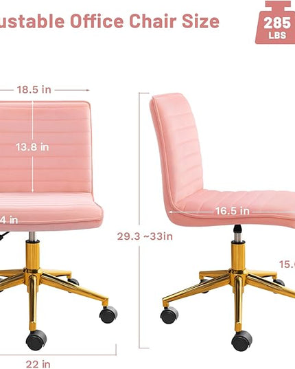 Furniliving Home Office Chair, Armless Vanity Chair with Wheels Swivel Velvet Computer Rolling Desk Chair with Back, Adjustable Accent Chair with Gold Metal Base Stool Chair,Pink - LeafyLoom