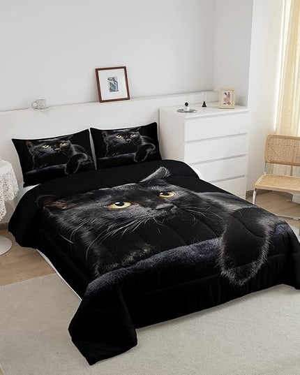 Erosebridal Black Cat Bedding Set Queen Size 3D Cat Comforter Set for Kids Girls Boys Cat Lover Cute Farmhouse Domestic Pet Animal Down Comforter Cute Cat Quilt Set Soft Warm Duvet Set Bedroom Decor - LeafyLoom