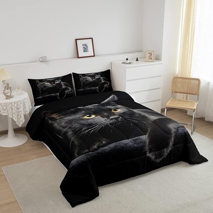 Erosebridal Black Cat Bedding Set Queen Size 3D Cat Comforter Set for Kids Girls Boys Cat Lover Cute Farmhouse Domestic Pet Animal Down Comforter Cute Cat Quilt Set Soft Warm Duvet Set Bedroom Decor - LeafyLoom