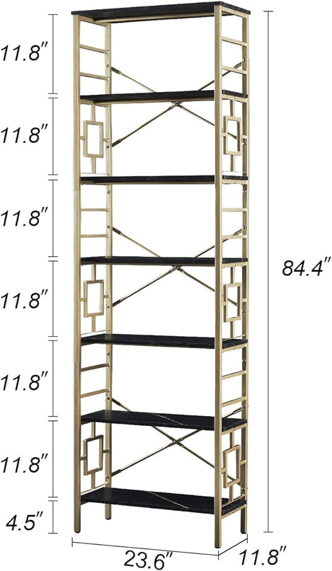 HOMISSUE Bookcase,7-Tier Tall Bookshelf Metal Bookcase and Bookshelves, Free Standing Storage Modern Bookshelf for Home Office Living Room and Bedroom, Black & Gold - LeafyLoom