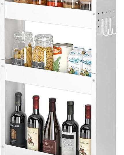 Slim Storage Cart, 4-Tier Kitchen Rolling Cart Narrow Storage Cabinet with Handle & Wheels, Metal Rolling Shelf Unit for Kitchen Bathroom Laundry Small Places(5 in Width/White) - LeafyLoom
