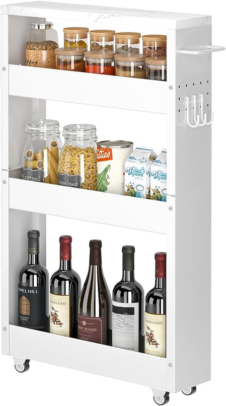 Slim Storage Cart, 4-Tier Kitchen Rolling Cart Narrow Storage Cabinet with Handle & Wheels, Metal Rolling Shelf Unit for Kitchen Bathroom Laundry Small Places(5 in Width/White) - LeafyLoom