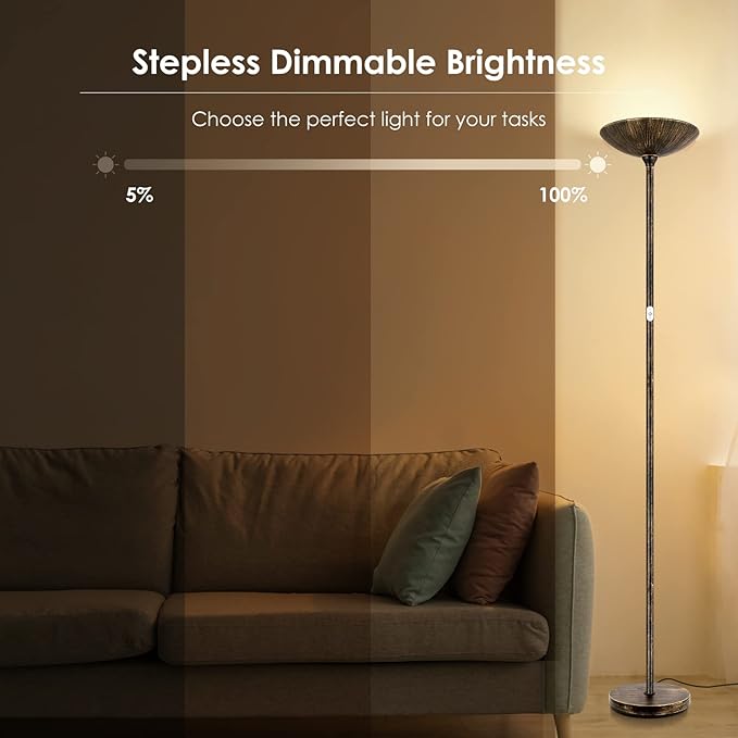Floor Lamp, Standing Lamp, 20W 2000LM LED Torchiere Floor Lamp, Stepless Dimmable, Touch Control, 3000K Daylight, 50000hrs Lifespan, Floor Lamps for Living Room, Standing Lamps for Bedroom,Bronze - LeafyLoom
