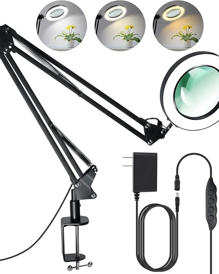 Magnifying Glass with Light and Stand 12V/1A Adapter 5X LED Magnifying Lamp 3 Color Modes Stepless Dimmable 2-in-1 Desk Magnifier with Light, for Hobby Reading Crafts Repair Reading Close Work - LeafyLoom