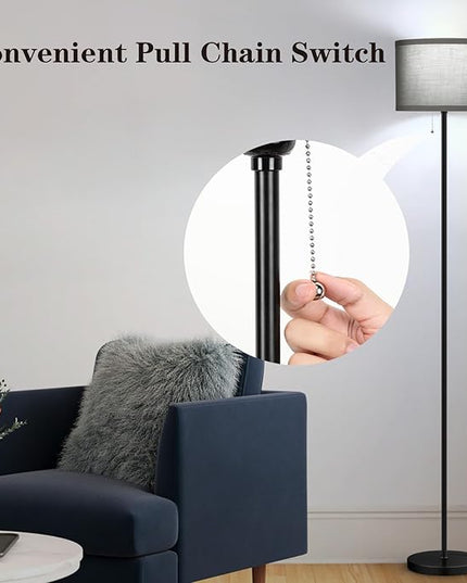 LED Floor Lamp for Bedroom, 3 Color Temperature Modern Standing Lamp, Modern Tall Lamp for Living Room, Grey Minimalist Pole Lamp with Pull Chain, Stand Up Lamp for Nursery Hotel, 9W Bulb Included - LeafyLoom