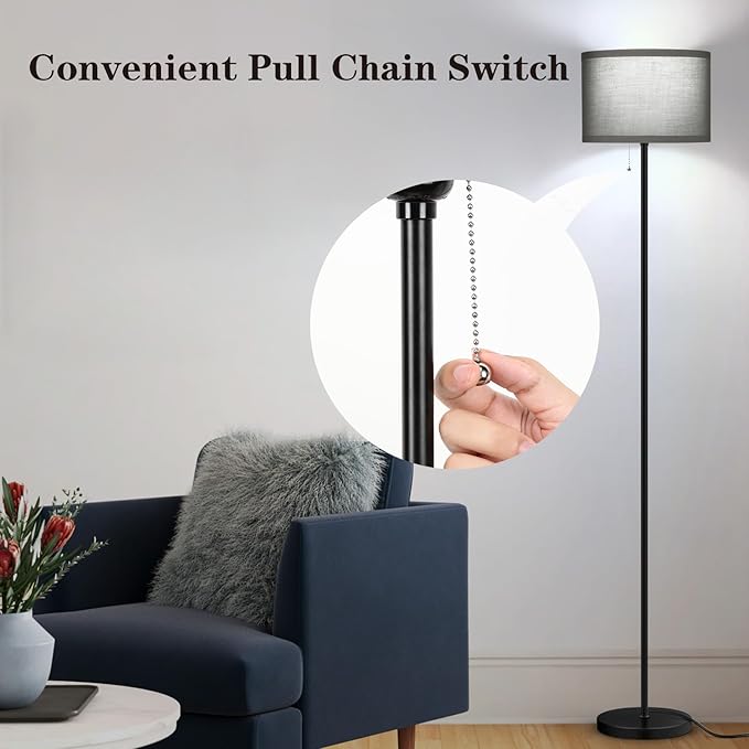 LED Floor Lamp for Bedroom, 3 Color Temperature Modern Standing Lamp, Modern Tall Lamp for Living Room, Grey Minimalist Pole Lamp with Pull Chain, Stand Up Lamp for Nursery Hotel, 9W Bulb Included - LeafyLoom
