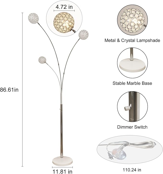 Depuley 3-Light Modern LED Floor Lamp, Adjustable Metal Tall Standing Lamps with Marble Base, Dimmable Arc Floor Lamp with Flexible Rotating Lights for Living Room, Bedroom(Silver, G9 Bulbs Included) - LeafyLoom