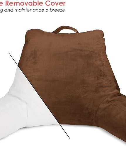 Clara Clark Reading Pillow for Kids, Small Back Pillow for Sitting Up in Bed, Memory Foam Back Support Pillow, Reading Pillows for Sitting in Bed, Chocolate Brown Gaming Pillow with Arms and Pockets - LeafyLoom