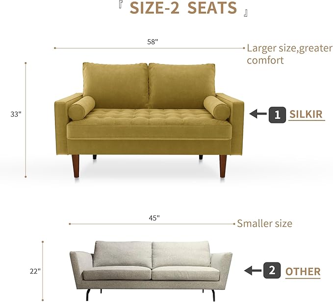 Velvet Furniture for Small Spaces, Mid-Century Modern Loveseats for Living Room, Love Seat Couch Sofas, 58 Inches, Goldenrod - LeafyLoom