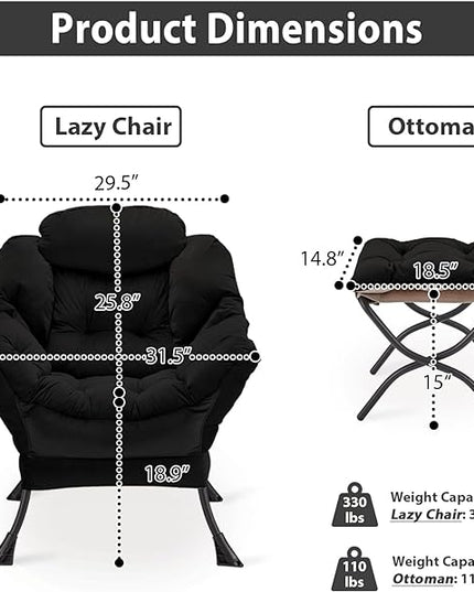 Lazy Chair with Folding Ottoman, Accent Chair Velvet Upholstered with Metal Structure and Non-Slip Pads, Sofa Armchair with Footrest and Side Storage Bag for Dorm, Room, Office, Black - LeafyLoom