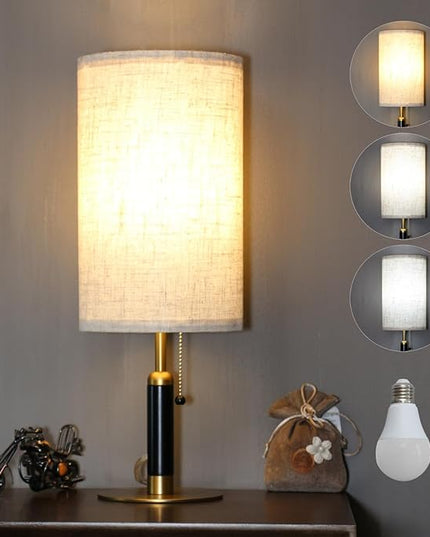 3-Color Temperatures Bedside Table Lamp for Nightstand Living Room Lamps for Bedroom Wood Fabric Pull Chain Switch Small Desk Lamps Home Office End Table Room Decor (Light Brown+Brass) - LeafyLoom
