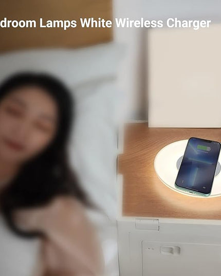 Table Lamp with Wireless Charger, Table Lamp with USB Port 2, Nightstand Lamp with Charging Station, Desk Night Light with Wireless Charger, Three-Port Plug (Table Lamp 4000K) - LeafyLoom