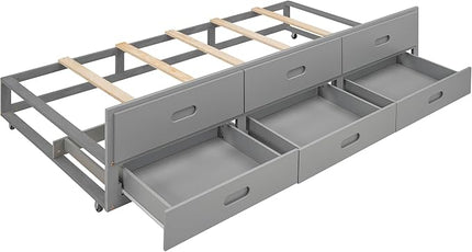 Full Size Platform Bed with Headboard Bookcase, USB Charge, Twin Trundle and 3 Drawers Storage, Wood Captain Bedframe for Bedroom Guest Room, Gray - LeafyLoom