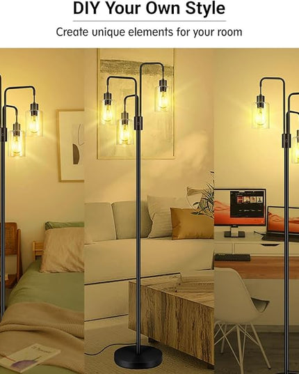 BoostArea Industrial Floor Lamp for Living Room,Glass Lampshade,Modern Stand Up Lamp with 3 Light,Simple Design Floor Lamp for Bedroom, Living Room, Office, Kids Room, Reading - LeafyLoom