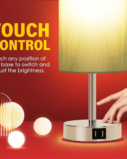 Yarra-Decor Bedside Lamp with USB Port - Touch Control Table Lamp for Bedroom 3 Way Dimmable Nightstand Lamp with Round Denim Fabric Shade for Living Room, Dorm, Home Office (LED Bulb Included) - LeafyLoom