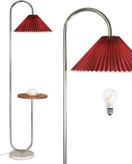 Modern Elegant with Tray Floor Lamp for Office Cafe Den Living Room Bedroom, Foot Switch and Chrome Finish,Red Pleated Cloth Lampshade - LeafyLoom