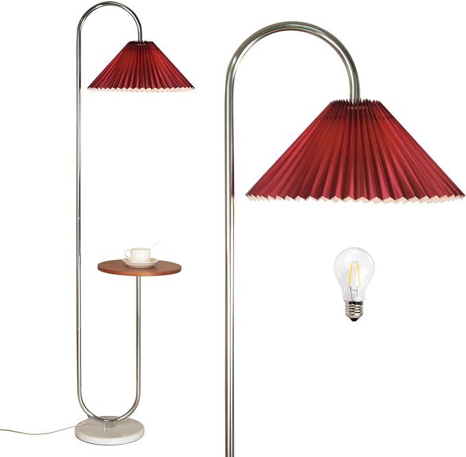 Modern Elegant with Tray Floor Lamp for Office Cafe Den Living Room Bedroom, Foot Switch and Chrome Finish,Red Pleated Cloth Lampshade - LeafyLoom