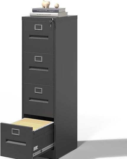 4 Drawer File Cabinet,Metal Filing Cabinets with Lock,Black Vertical File Cabinet for Home Office,Heavy Duty Metal Storage Cabinet for A4/Letter/Legal Size File,Assembly Required - LeafyLoom