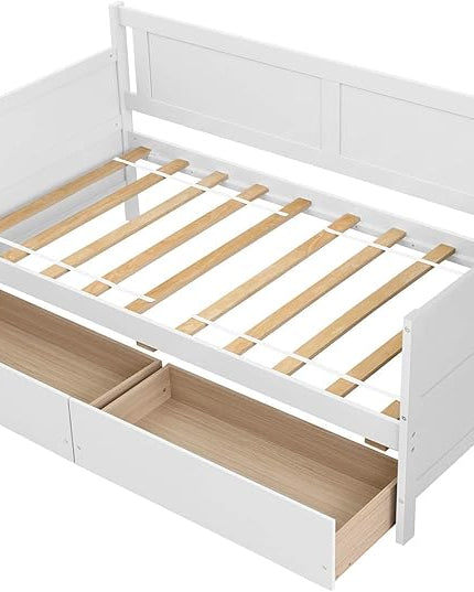 Twin Daybed with 2 Storage Drawers,Pinewood Twin Size Daybed Frame with Solid Guardrail,Dual-Use Sofa Daybed for Boys/Girls/Teens Bedroom, Easy to Assemble, No Box Spring Needed,White - LeafyLoom