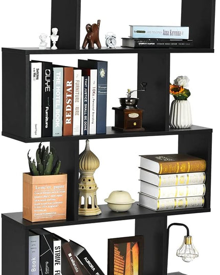 BETTARY 6-Tier Bookshelf, Freestanding S-Shaped Geometric Display Shelf, Modern Tall Bookcase for Home Office, Living Room, Bedroom, Black - LeafyLoom
