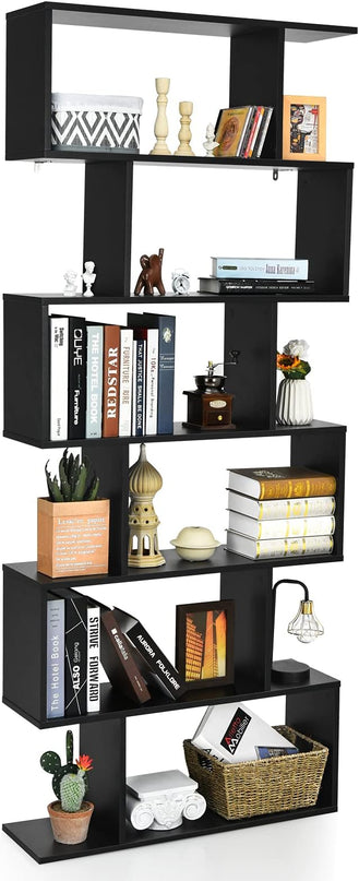 BETTARY 6-Tier Bookshelf, Freestanding S-Shaped Geometric Display Shelf, Modern Tall Bookcase for Home Office, Living Room, Bedroom, Black - LeafyLoom