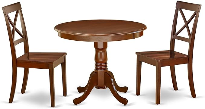 East West Furniture ANBO3-MAH-W Antique 3 Piece Set Contains a Round Kitchen Table with Pedestal and 2 Dining Chairs, 36x36 Inch - LeafyLoom
