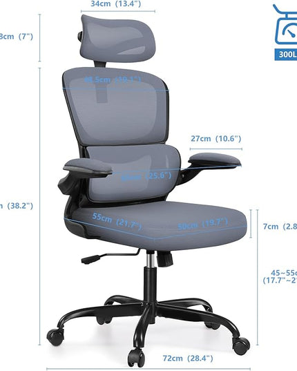 Ergonomic Office Chair, High Back Mesh Desk Chair with Lumbar Support and Adjustable Headrest, Computer Gaming Chair with Flip-up Armrests, Executive Swivel Chair for Home Office (DarkGray) - LeafyLoom