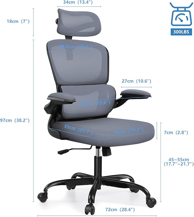 Ergonomic Office Chair, High Back Mesh Desk Chair with Lumbar Support and Adjustable Headrest, Computer Gaming Chair with Flip-up Armrests, Executive Swivel Chair for Home Office (DarkGray) - LeafyLoom