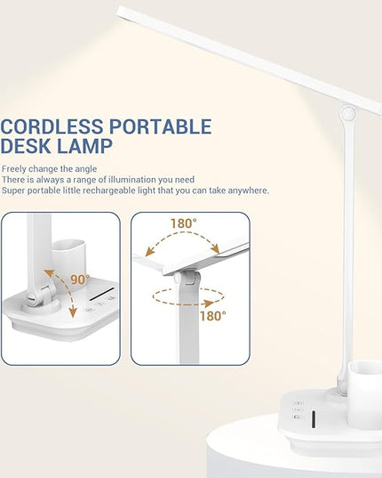 Cordless LED Desk Lamp for Home Office, 6000mAh Rechargeable Battery Operated Table Lamps with Pen Holder,Eye-Caring Reading Lamp, 3 Lighting Modes & Brightness Dimmer Light for Kids Study - LeafyLoom