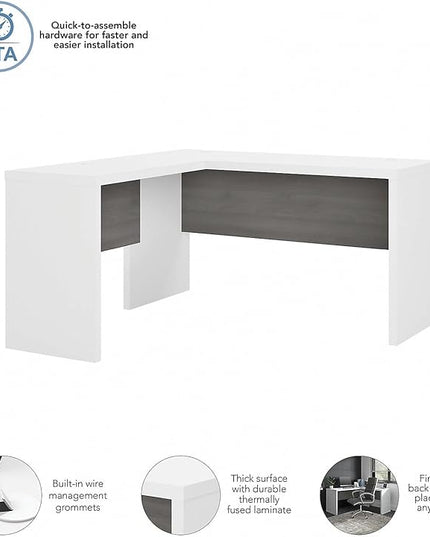 Bush Business Furniture Echo L Shape Desk with Wire Management | Corner Computer Table with Quick-to-Assemble Hardware | Home Office Credenza, 60W, Pure White and Modern Gray - LeafyLoom