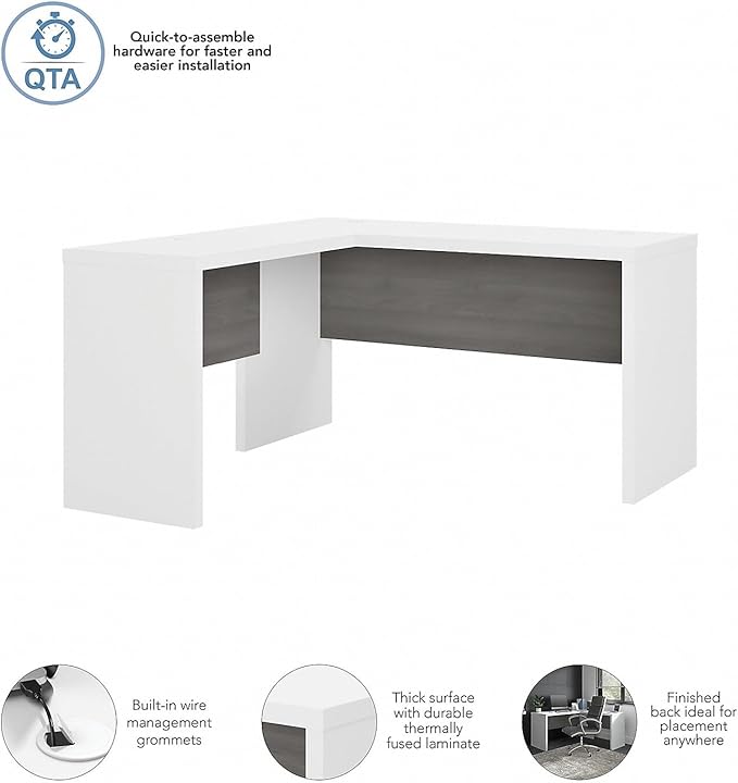 Bush Business Furniture Echo L Shape Desk with Wire Management | Corner Computer Table with Quick-to-Assemble Hardware | Home Office Credenza, 60W, Pure White and Modern Gray - LeafyLoom