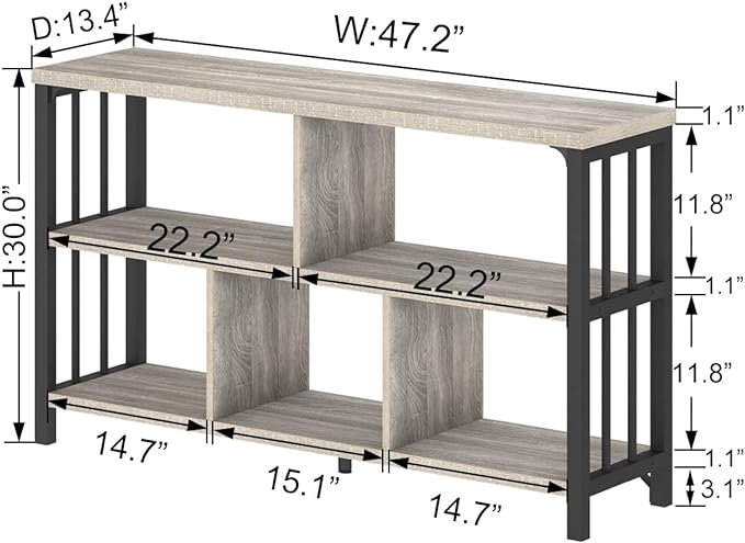 IBF Industrial Horizontal Bookshelf, Modern 5 Cube Storage Organizer Open Shelf, Low Wide Cubby Bookcase for Home Office Living, Wooden Metal Short Book Shelf Bedroom Storage, Light Grey Oak, 47 Inch - LeafyLoom