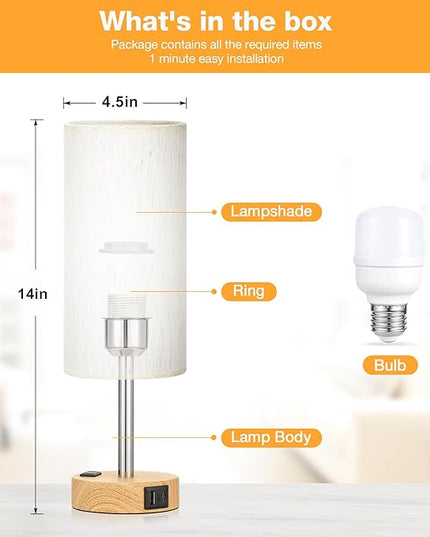 Bedside Table Lamp for Bedroom - 3 Way Dimmable Touch Lamp USB C Charging Ports and AC Outlet, Small Lamp Wood Base Round Flaxen Fabric Shade for Living Room, Desk, LED Bulb Included - LeafyLoom