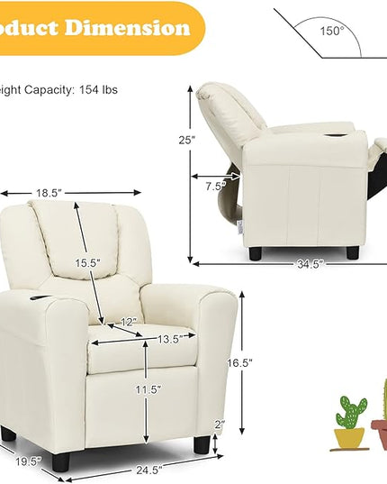 ARLIME Kids Recliner chair, toddler Armchair Upholstered Couch with Cup Holder, Backrest, baby Leather sofa with Headrest and Footrest, Child Furniture for Ages 2-7 (Beige) - LeafyLoom