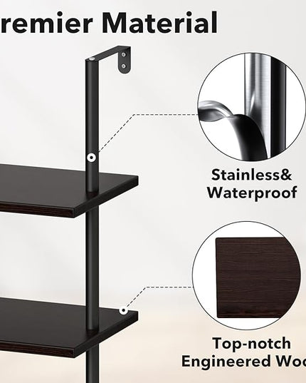 Ladder Shelf Bookcase 5 Tier, Extra Sturdy Modern Bookshelf Wall Mounted, Tall Black Open Book Shelf, Standing Industrial Metal Frame with Wooden Shelves - LeafyLoom
