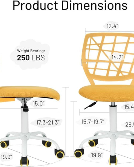 Kids Desk Chair, Fabric Office Chair Armless Small Mid Back Swivel Children Computer Task Chair Ergonomic Height Adjustable Study Chairs with Swivel Padded Cushion and Rolling Wheels, Yellow - LeafyLoom