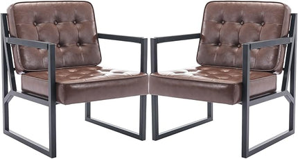 COLAMY Mid Century Modern Accent Chair Set of 2, Comfy Living Room Chair, Brown Leather Accent Chair, Faux Leather Reception Armchair with Metal Legs for Living Room Bedroom Reception Office, Brown - LeafyLoom