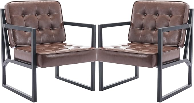COLAMY Mid Century Modern Accent Chair Set of 2, Comfy Living Room Chair, Brown Leather Accent Chair, Faux Leather Reception Armchair with Metal Legs for Living Room Bedroom Reception Office, Brown - LeafyLoom