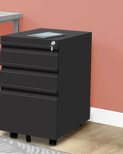 3-Drawer Mobile File Cabinets Rolling Metal Filing Cabinet for Legal & Letter File Anti-tilt Design with Lock Under Desk Office Drawers Fully Assembled Except Casters Black - LeafyLoom