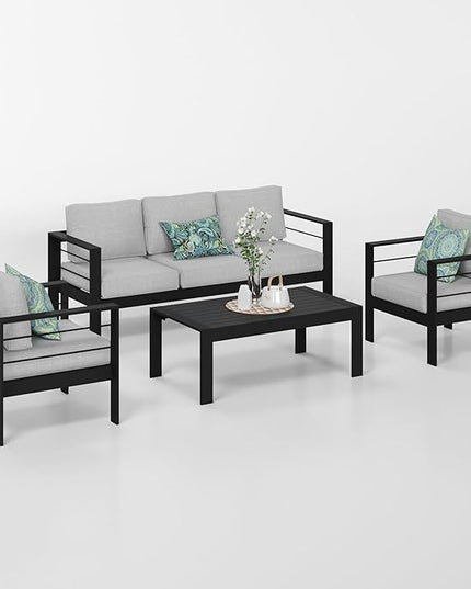 Solaste Aluminum Patio Furniture Set, 4 Pcs Modern Outdoor Conversation Set Sectional Sofa with Upgrade Cushion and Coffee Table,Black Frame and Grey Cushion - LeafyLoom
