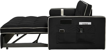3 in 1 Tufted Sleeper Sofa Cylindrical Pillows,Modern Convertible Loveseat Sofá W Pull Out Sleep Couch Bed and Side Pockets,Velvet Upholstered Love Seat Sofabed for Living Room, 55.5", Black1 - LeafyLoom