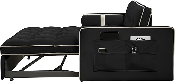 3 in 1 Tufted Sleeper Sofa Cylindrical Pillows,Modern Convertible Loveseat Sofá W Pull Out Sleep Couch Bed and Side Pockets,Velvet Upholstered Love Seat Sofabed for Living Room, 55.5", Black1 - LeafyLoom