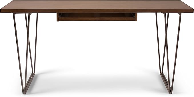 SIMPLIHOME Ryder SOLID WOOD and Metal 66 inch Wide Home Office Desk, Writing Table, Workstation, Study Table Furniture in Natural Aged Brown - LeafyLoom